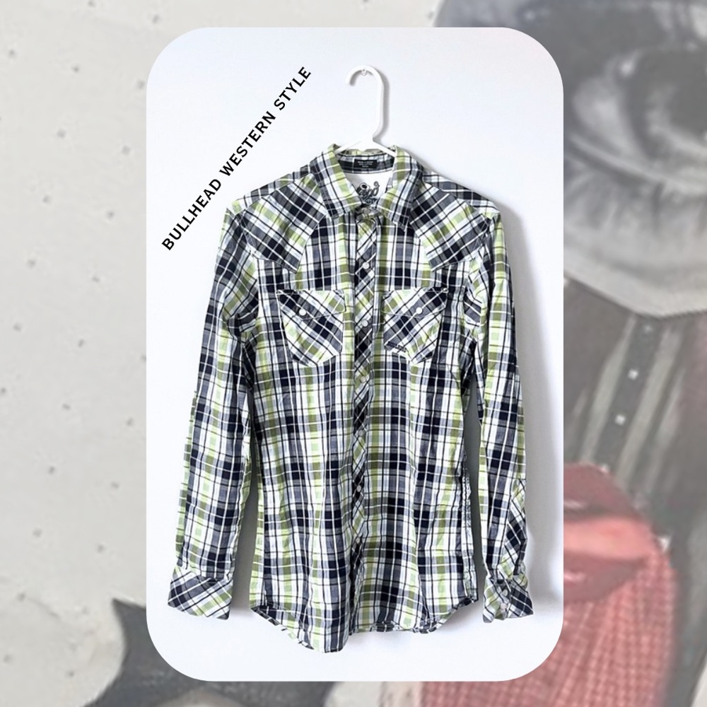 Bullhead Western Style Green Plaid Snap Button-Up Long Sleeve Western Shirt